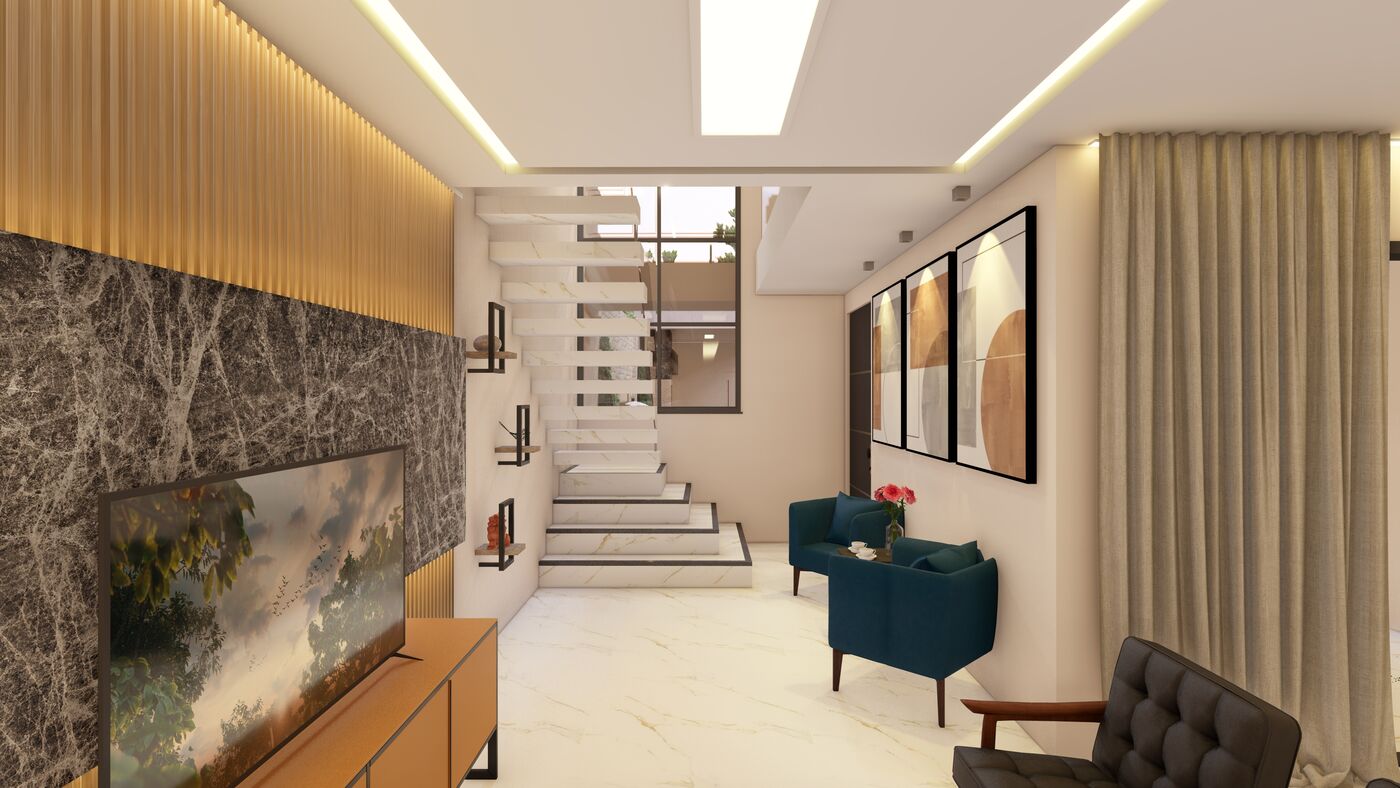 Sala de estar com parede de mármore — projeto Construtora Elite