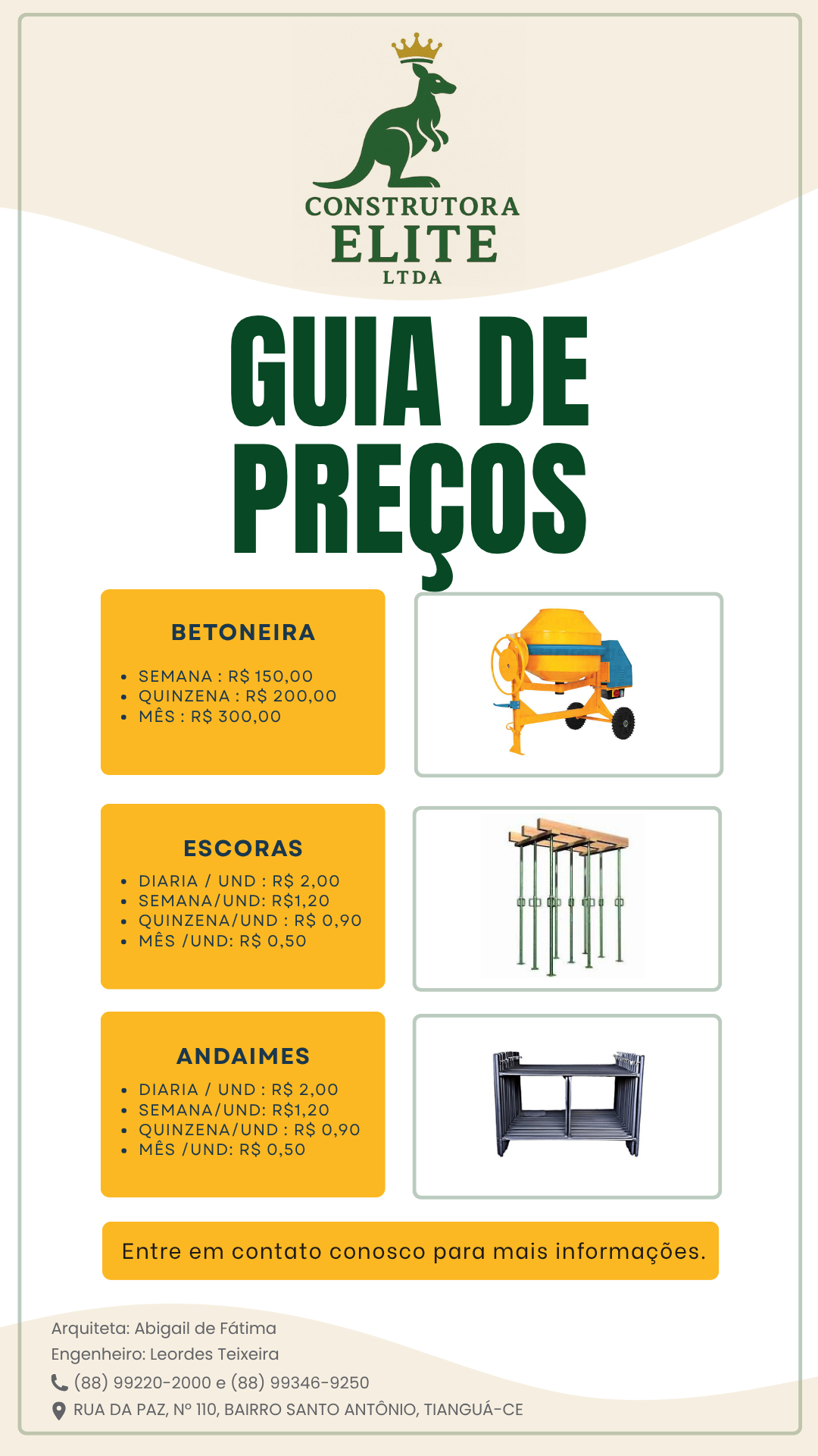 Guia de preços — Construtora Elite: betoneira, escoras e andaimes