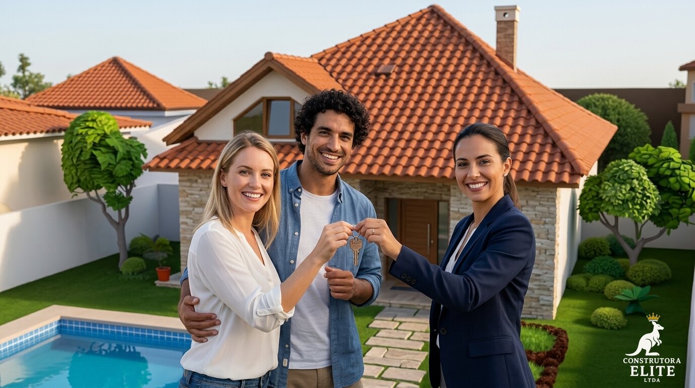 Casal recebendo as chaves de uma casa entregue pela Construtora Elite