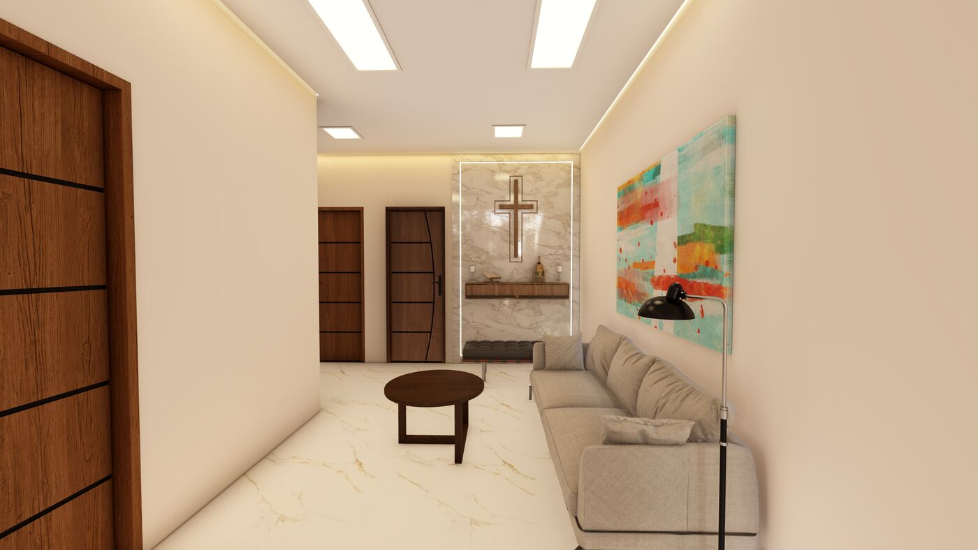 Sala de estar integrada com pé-direito alto